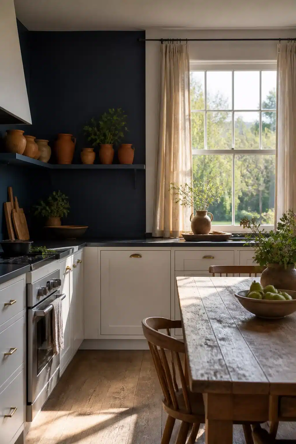 Navy kitchen accent wall with white shaker cabinets, brass hardware, and terracotta clay pots on open shelving.