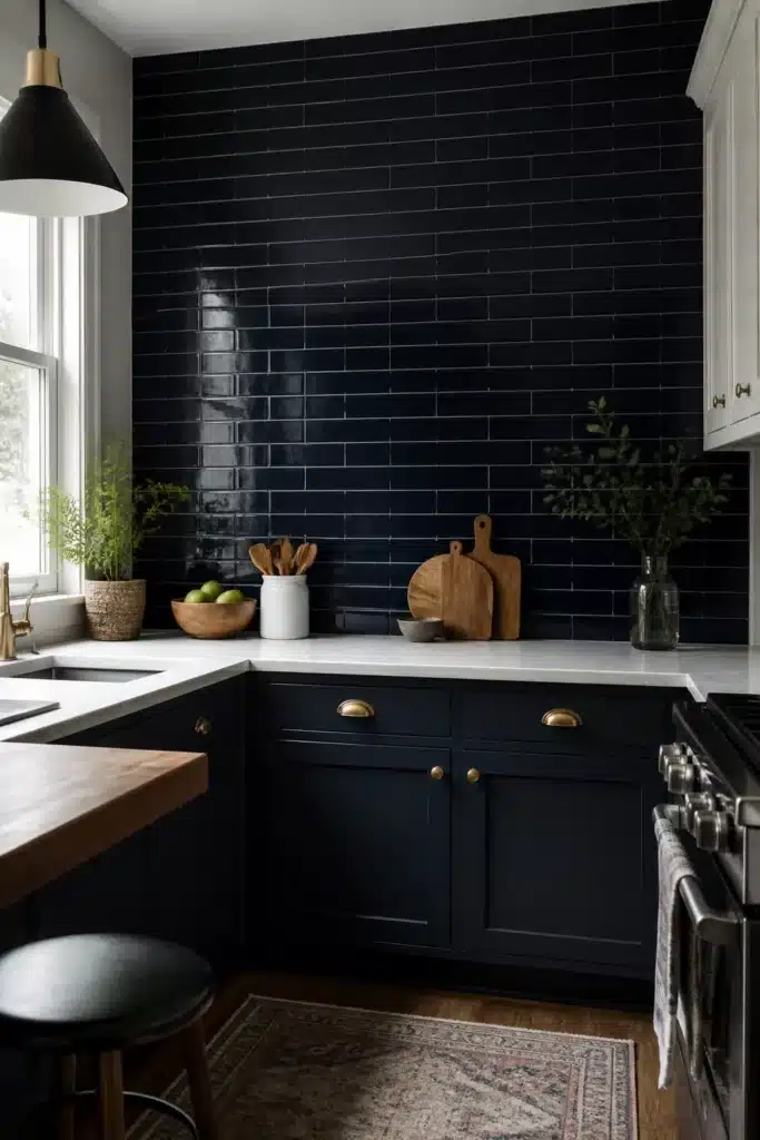 Navy kitchen accent wall with floor-to-ceiling glazed subway tiles, white marble counters, and brass cabinet hardware.