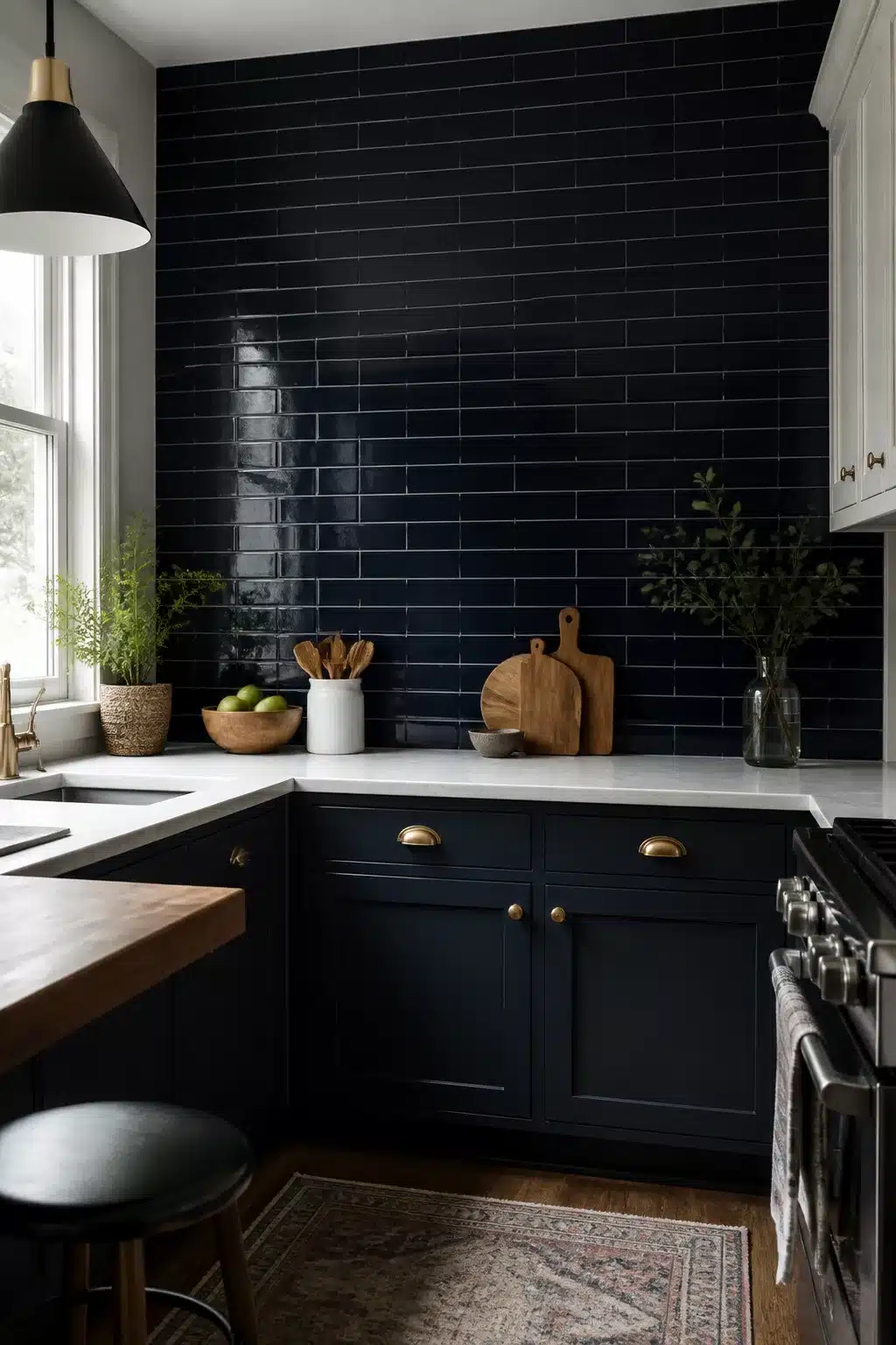 Navy kitchen accent wall with floor-to-ceiling glazed subway tiles, white marble counters, and brass cabinet hardware.