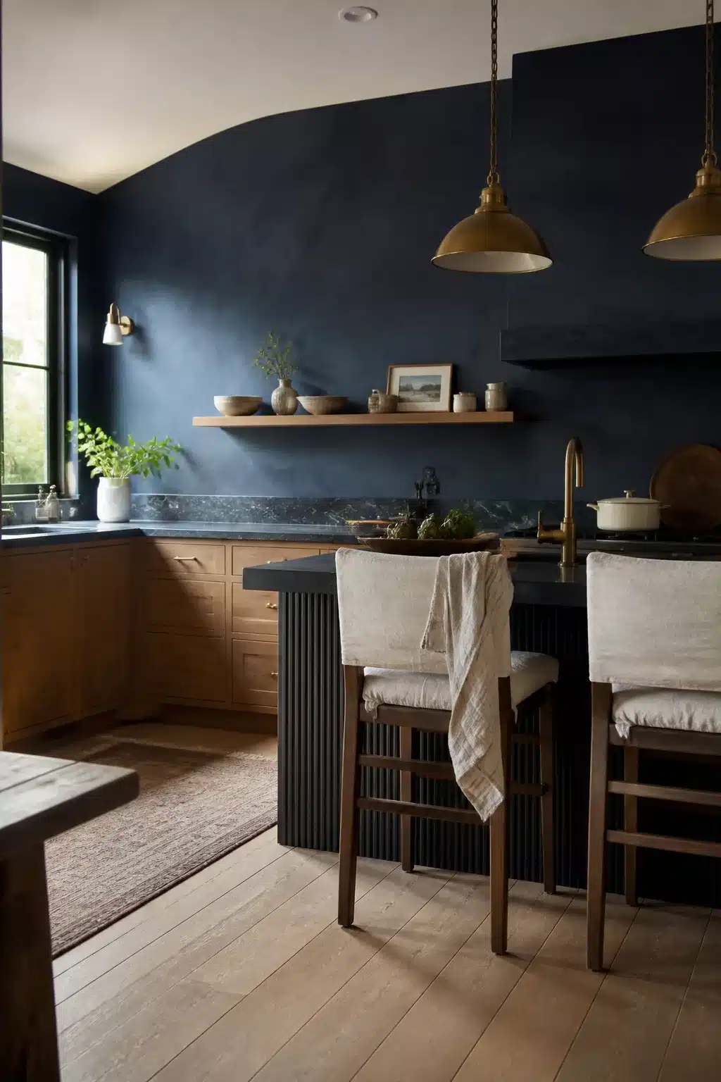 Navy kitchen accent wall with velvet plaster finish, brass pendants, and warm wood cabinets