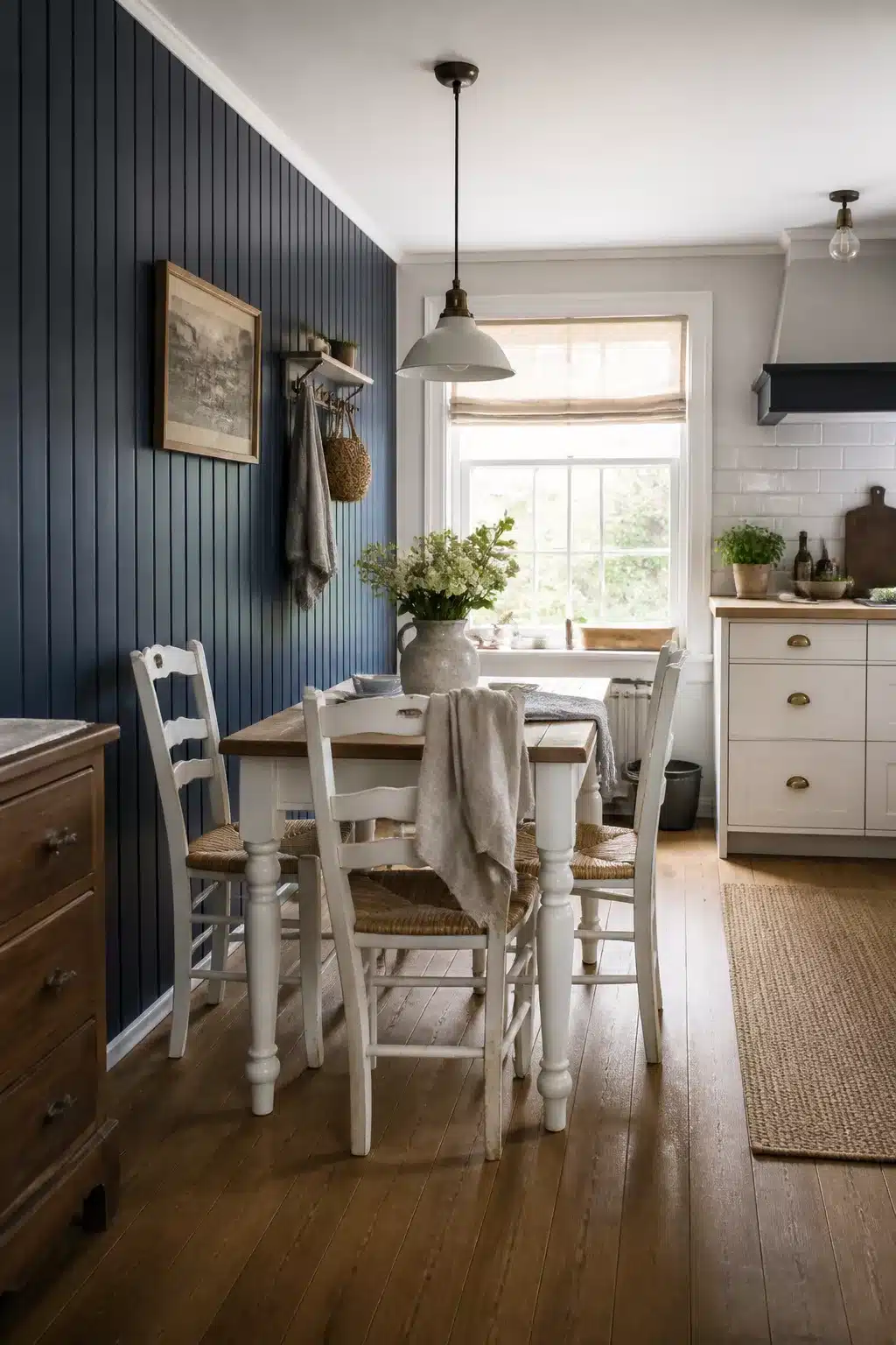 Navy kitchen accent wall with floor-to-ceiling beadboard, white farmhouse chairs, and a pine dining table.
