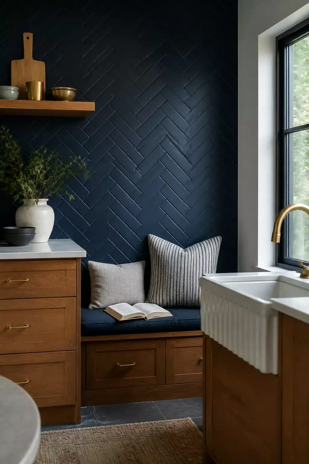 Navy herringbone tile kitchen accent wall with built-in wood bench, brass hardware, and farmhouse sink