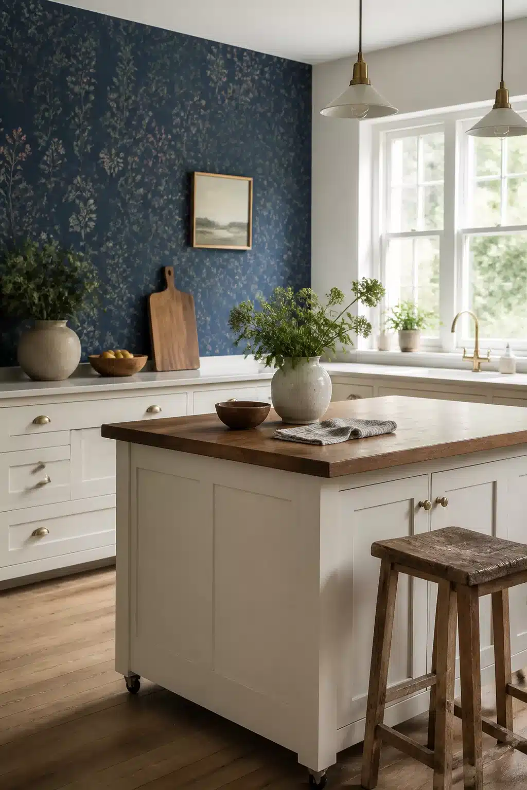 Navy botanical wallpaper kitchen accent wall with cream shaker cabinets, butcher-block island, and brass hardware