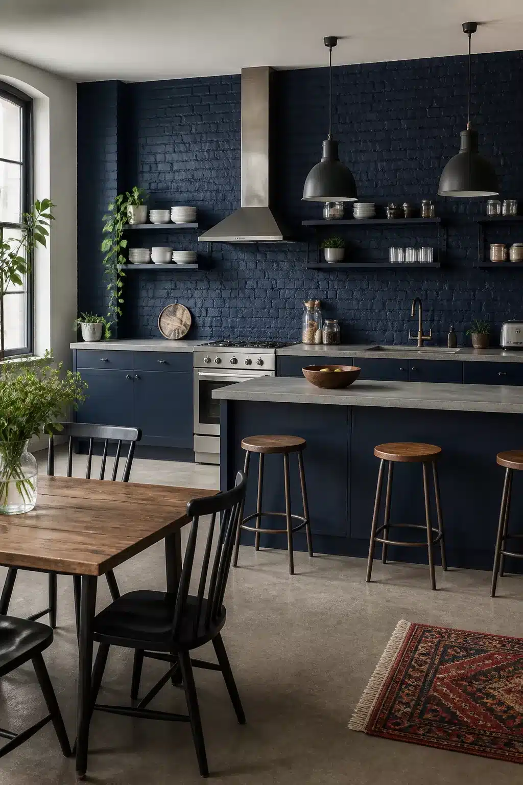 Navy kitchen accent wall with painted exposed brick, concrete countertops, open shelving, and warm wood bar stools.