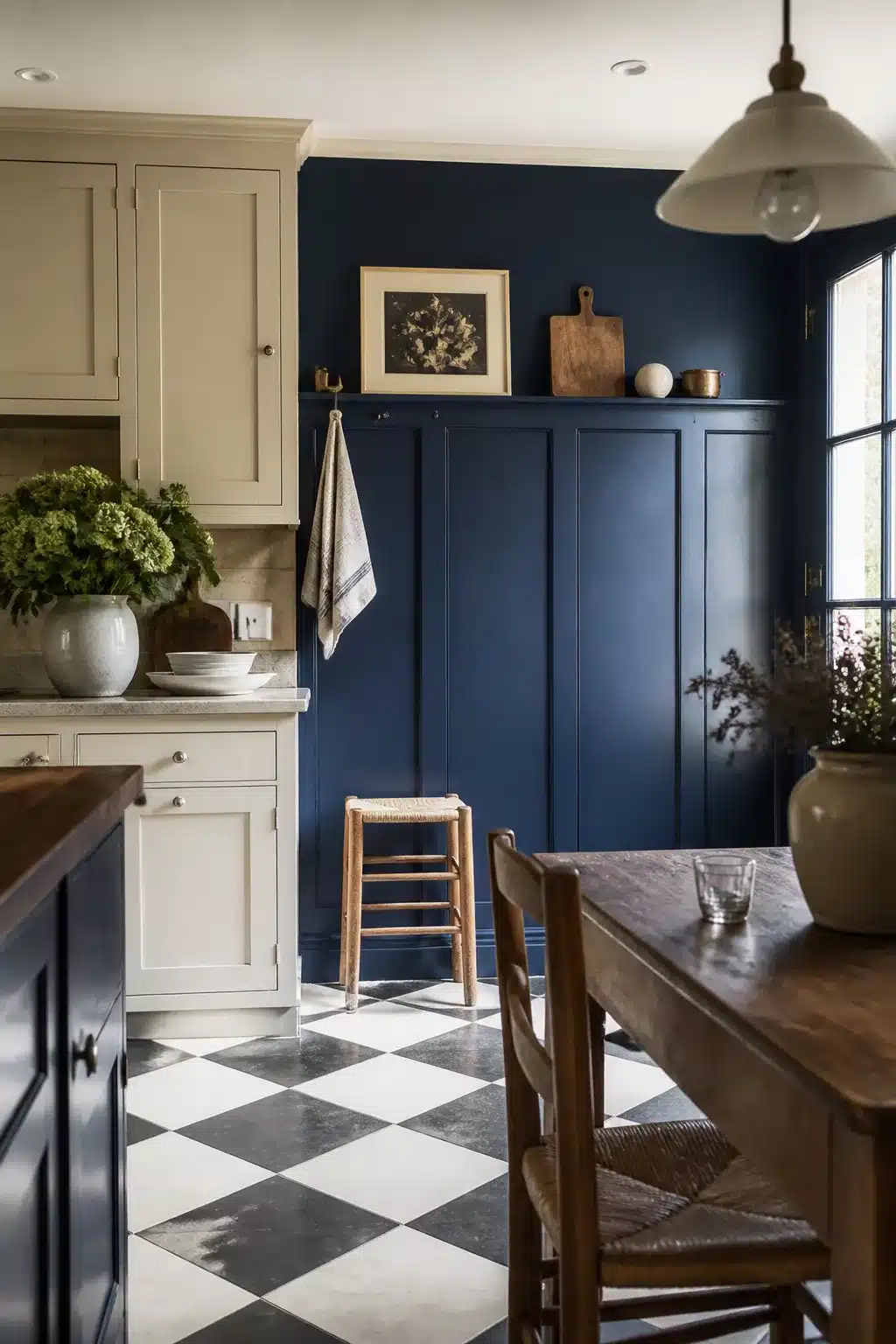 Navy kitchen accent wall with tall vertical paneling, putty cabinets, and a black and white checker tile floor