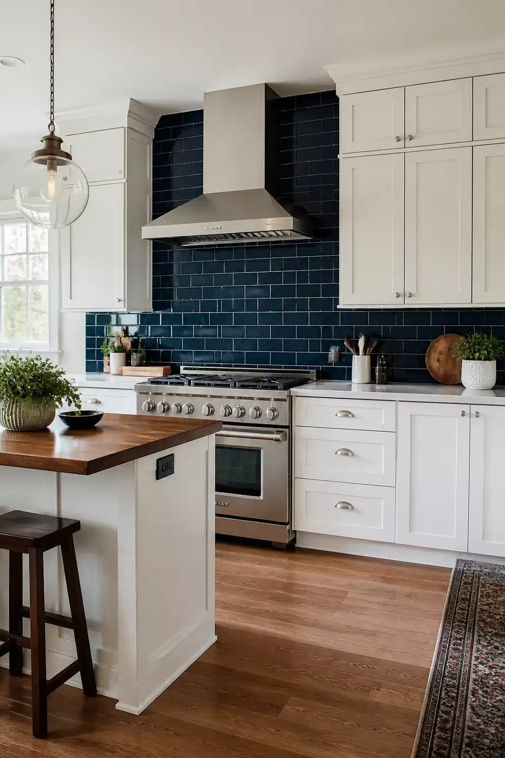 Glossy navy subway tile kitchen backsplash behind a stainless range with white shaker cabinets — navy kitchen backsplashes
