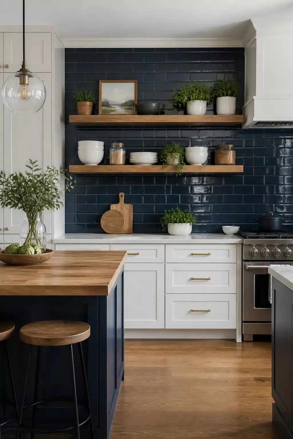 Glossy navy kitchen backsplash with floating wood shelves, white cabinets, and butcher block island — navy kitchen backsplash idea