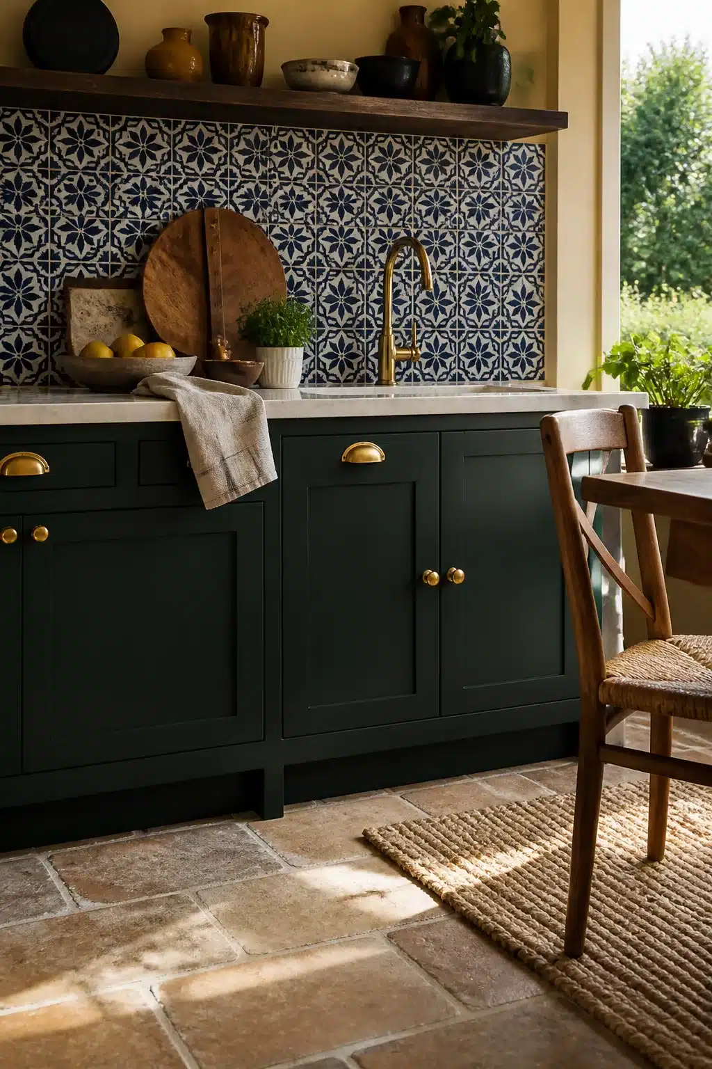 Navy and white encaustic patterned tile backsplash with dark green cabinets and brass hardware — navy kitchen backsplashes