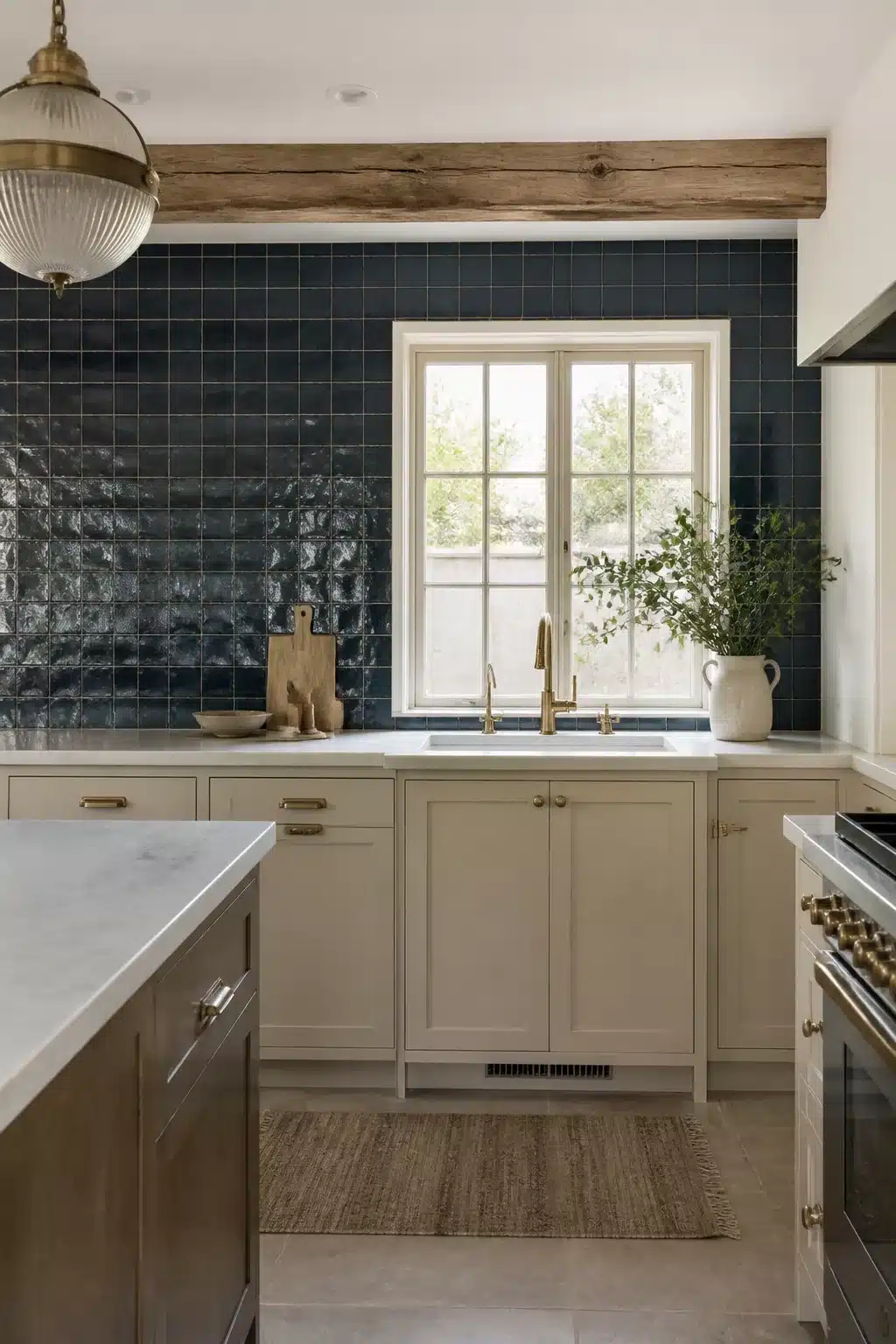 Handmade navy kitchen backsplash tiles with brass hardware, greige cabinets, and a rustic wood beam overhead.