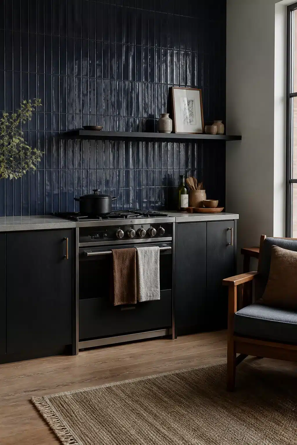 Navy vertical ribbed tile backsplash with dark cabinetry and open shelves — navy kitchen backsplash ideas