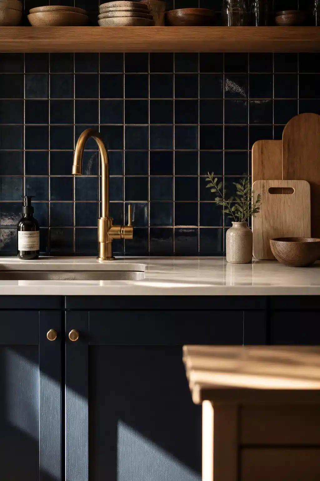 Square navy kitchen backsplash tiles with gold grout lines, brass faucet, and dark navy shaker cabinets