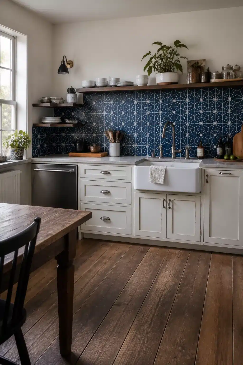 Navy geometric star tile kitchen backsplash with white farmhouse cabinets and open wood shelves — navy kitchen backsplashes