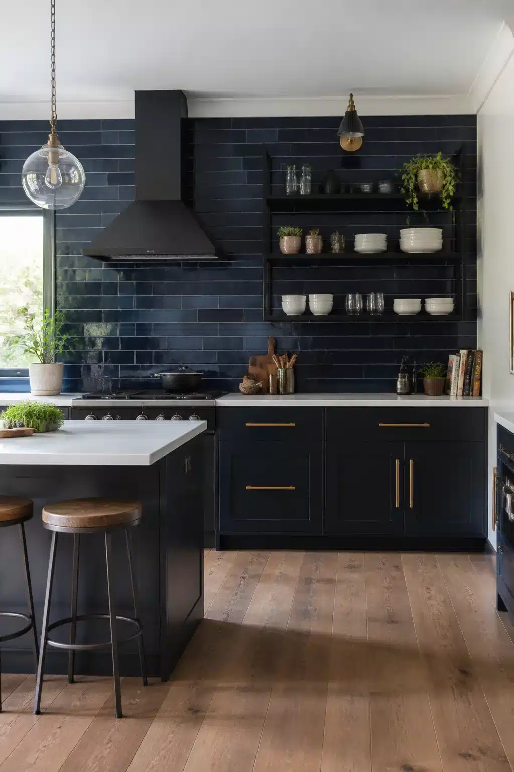 Matte navy subway tile kitchen backsplash with brass pulls, open shelving, and white countertops — navy kitchen backsplashes