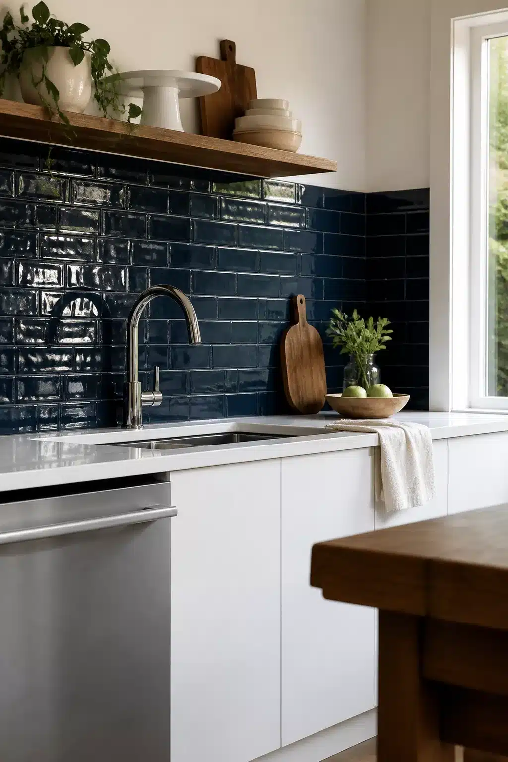 Glossy navy brick-lay tile backsplash in a white modern kitchen — navy kitchen backsplashes inspiration
