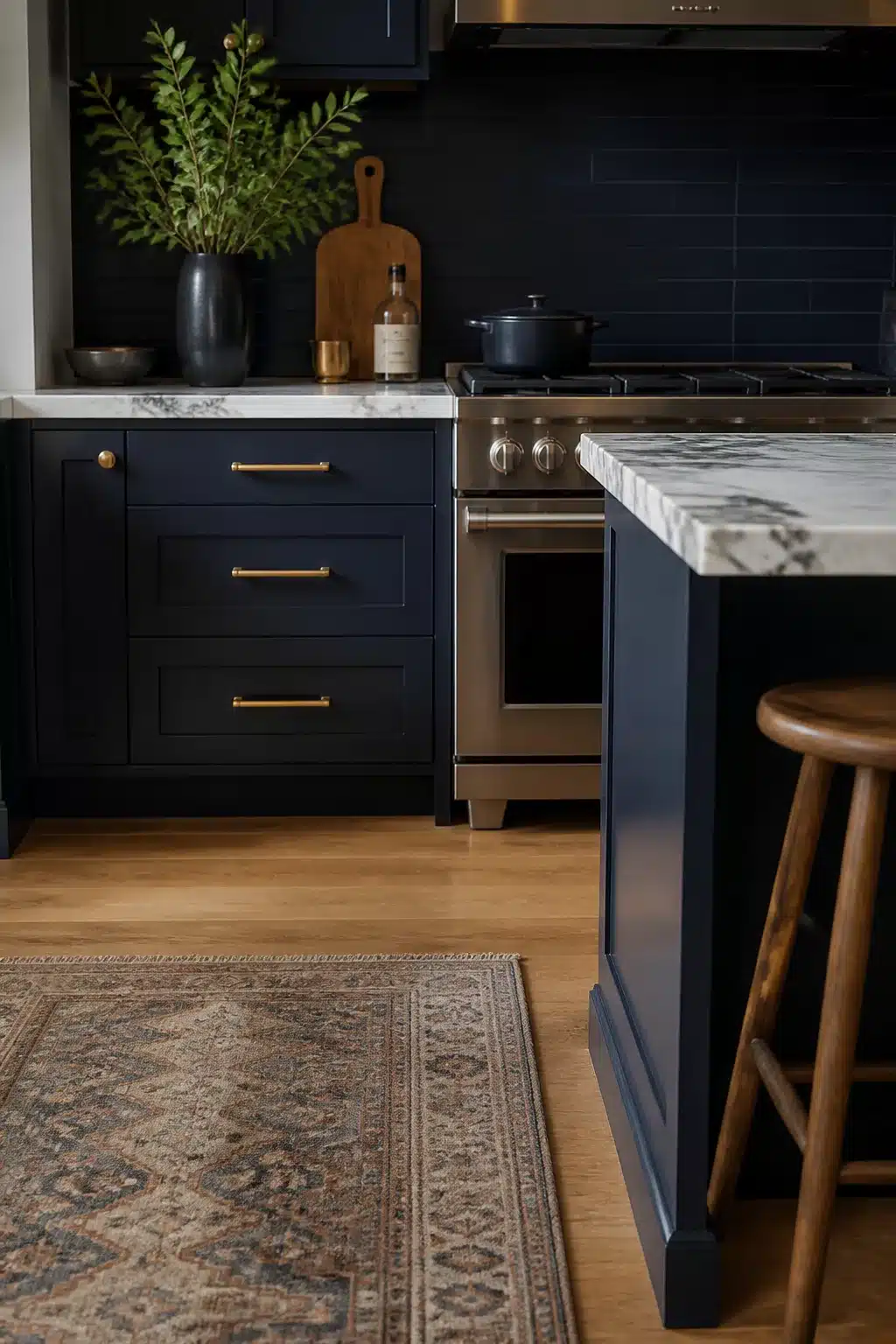 Navy kitchen backsplash with matte tile, marble waterfall island, brass hardware, and warm wood accents.