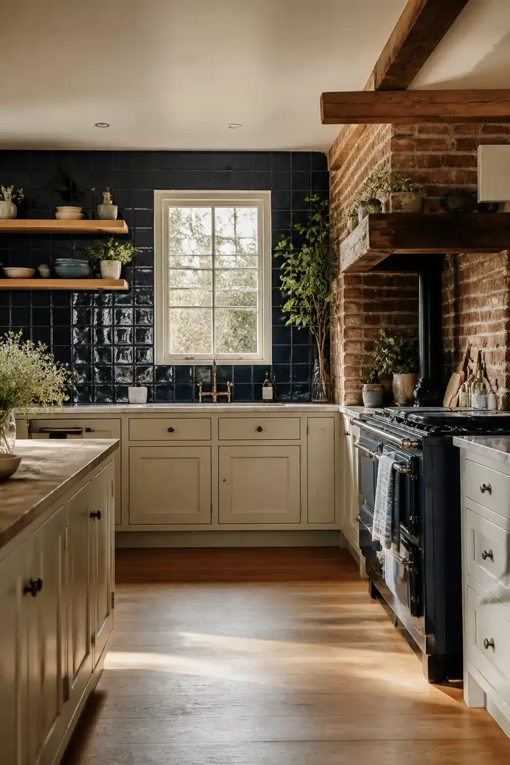 Navy kitchen backsplash with glossy square tiles, exposed brick range wall, cream cabinets, and oak shelves.