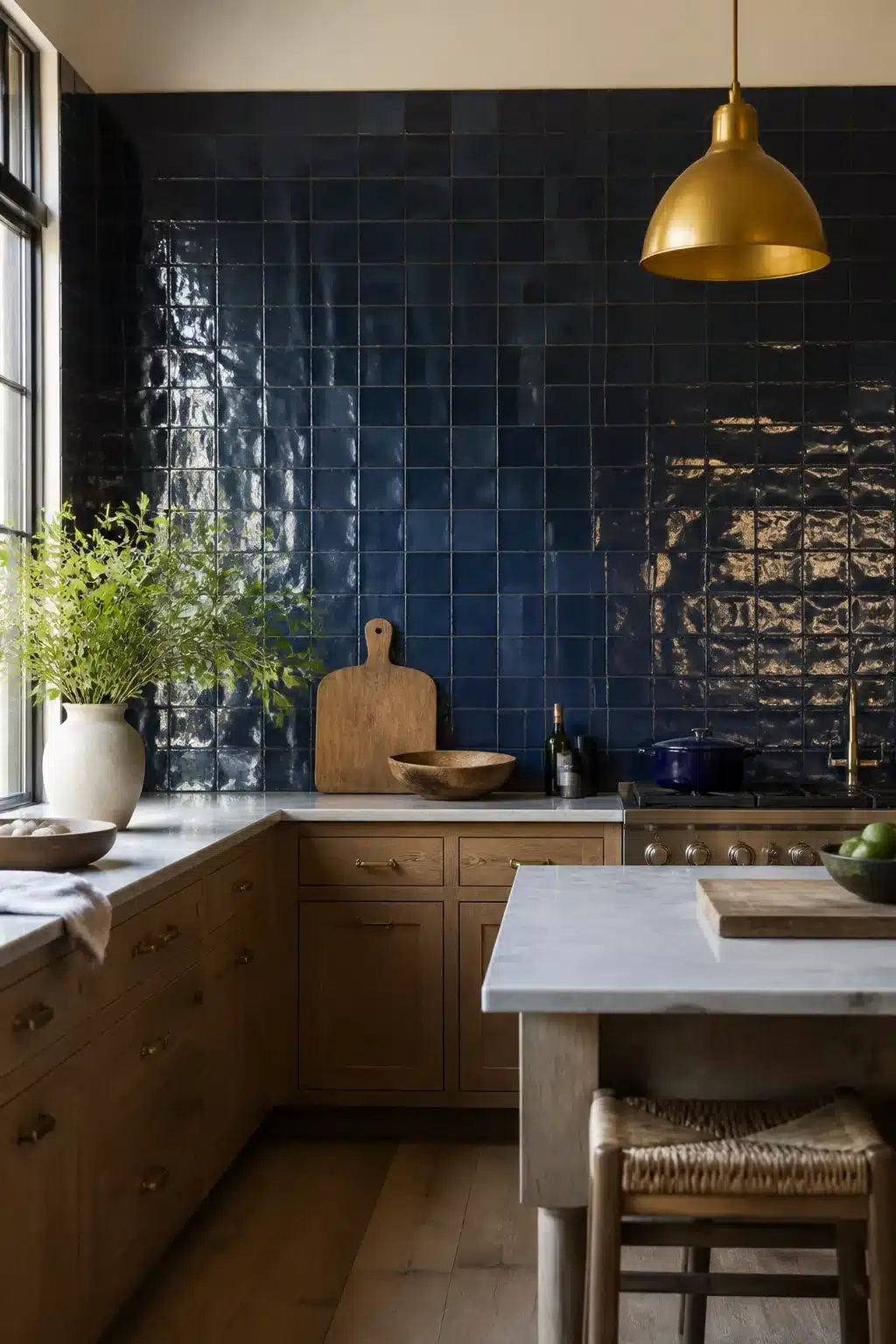 Glossy navy zellige tile kitchen backsplash with oak cabinets and brass hardware — navy kitchen backsplashes
