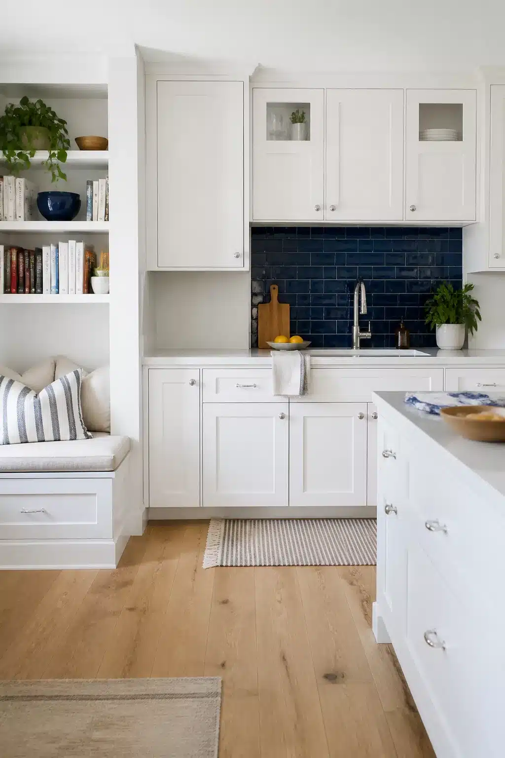 Navy kitchen backsplash with white shaker cabinets, built-in banquette, and light oak floors — navy kitchen backsplashes idea.
