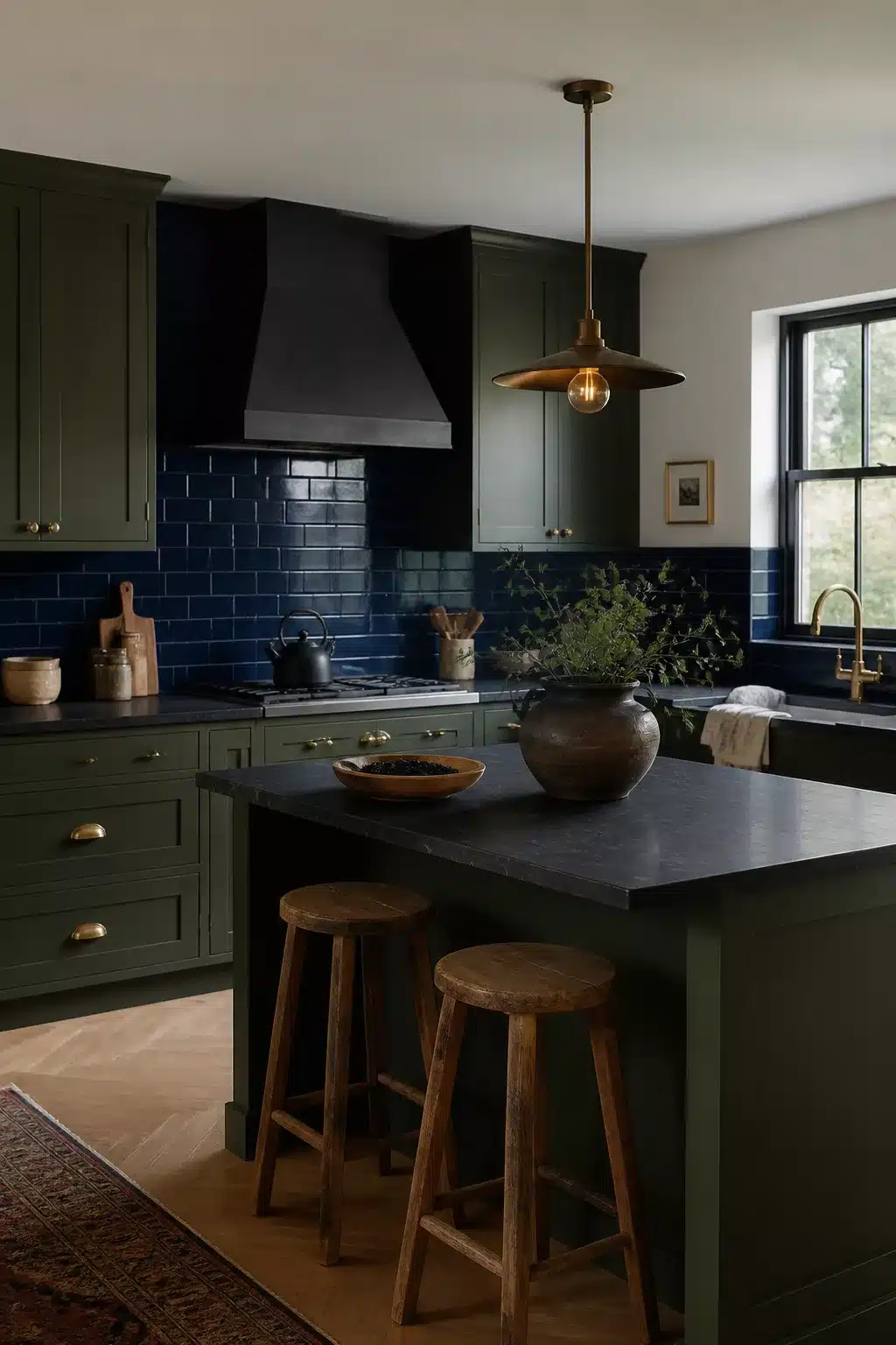Navy kitchen backsplash with glossy subway tile paired with dark olive green cabinetry and black countertops