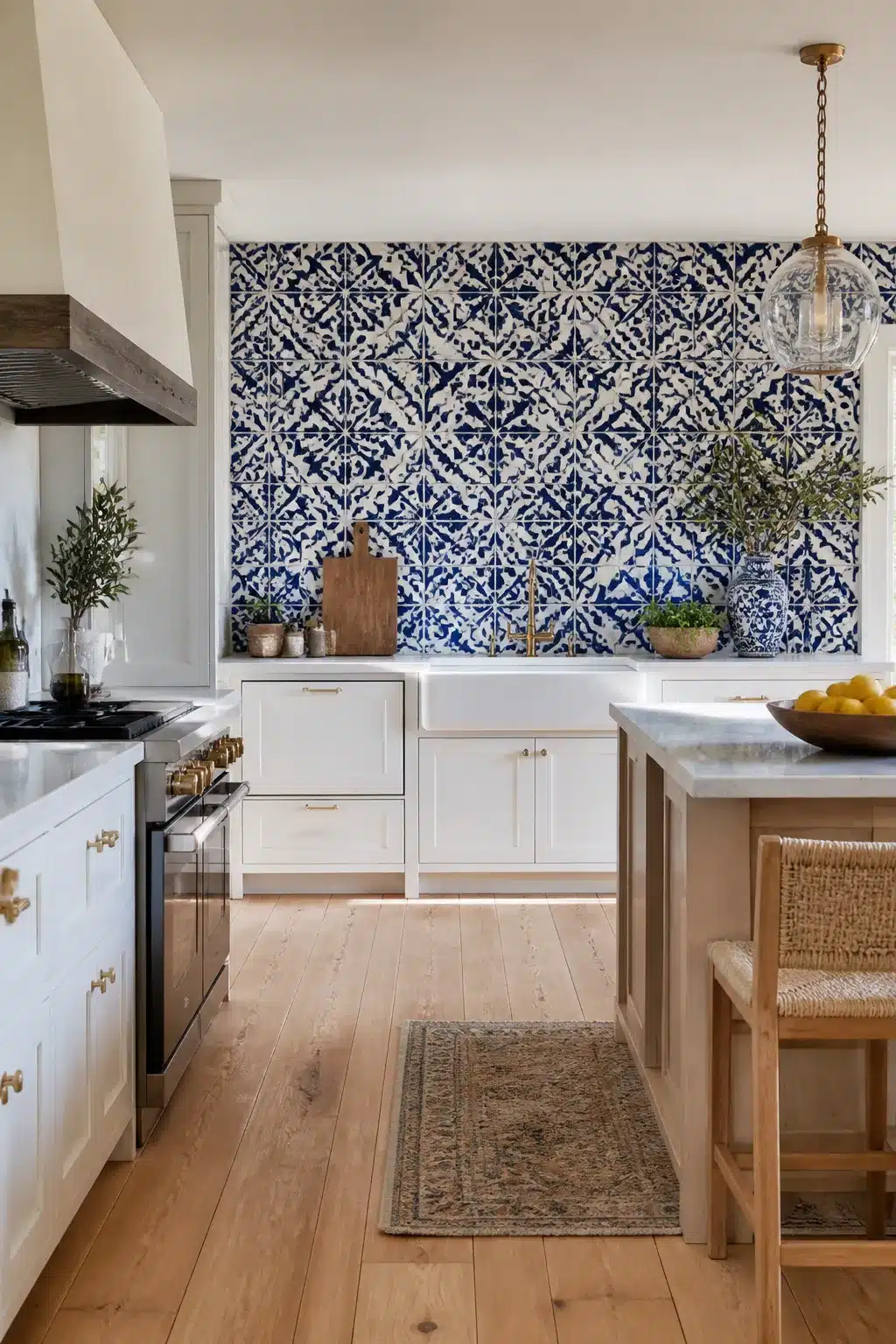 Bold navy kitchen backsplash with floor-to-ceiling majolica patterned tile, white shaker cabinets, and brass hardware.