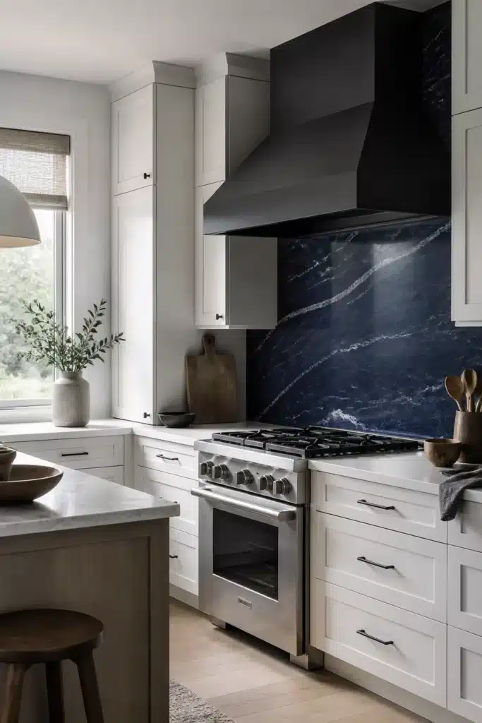 Navy marble slab backsplash with matte black hood in a white shaker kitchen — navy kitchen backsplashes idea