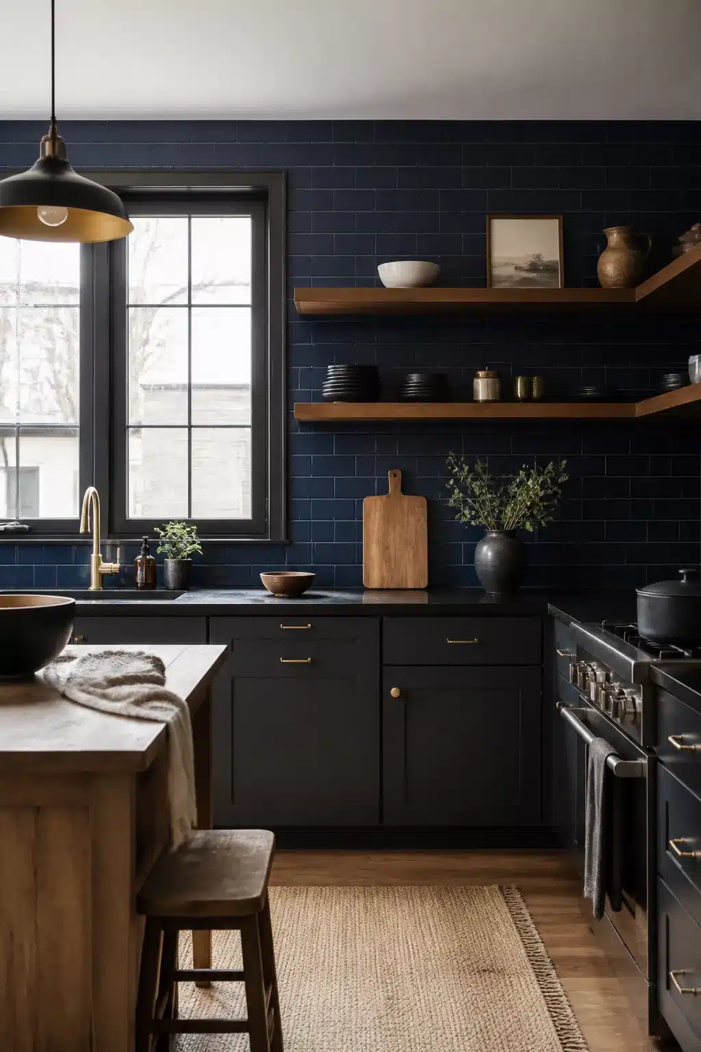 Matte navy brick bond kitchen backsplash with dark cabinets, brass hardware, and walnut shelves — navy kitchen backsplashes