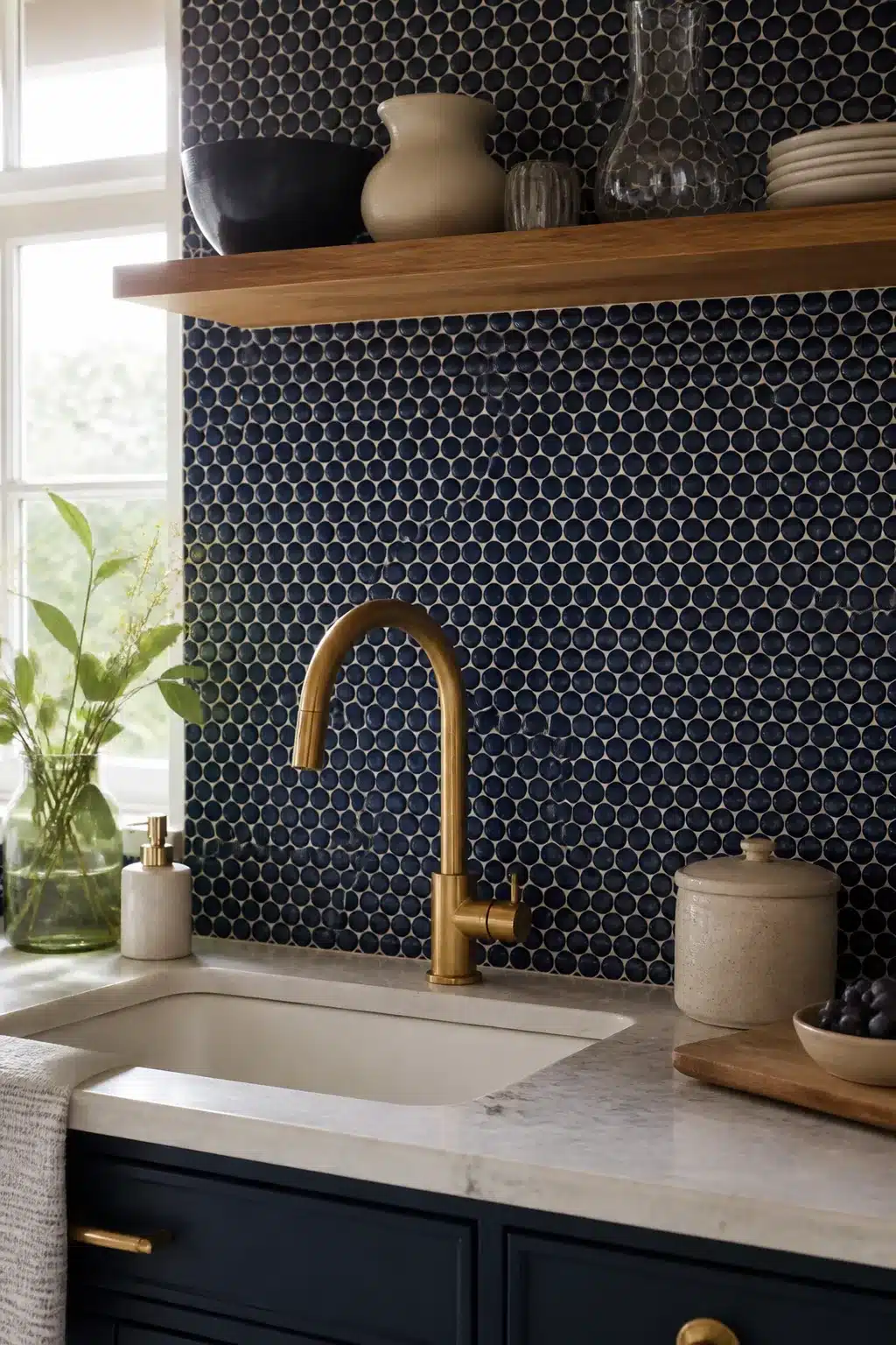 Navy penny tile mosaic kitchen backsplash with brass faucet and marble countertop — Navy Kitchen Backsplashes