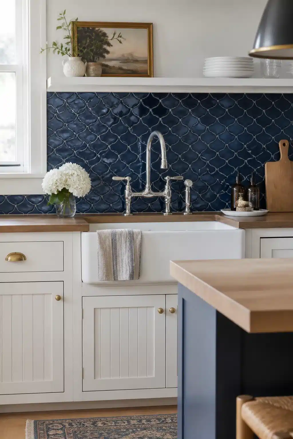 Navy kitchen backsplash with glossy fish-scale tiles, farmhouse sink, butcher-block counters, and cream beadboard cabinets.