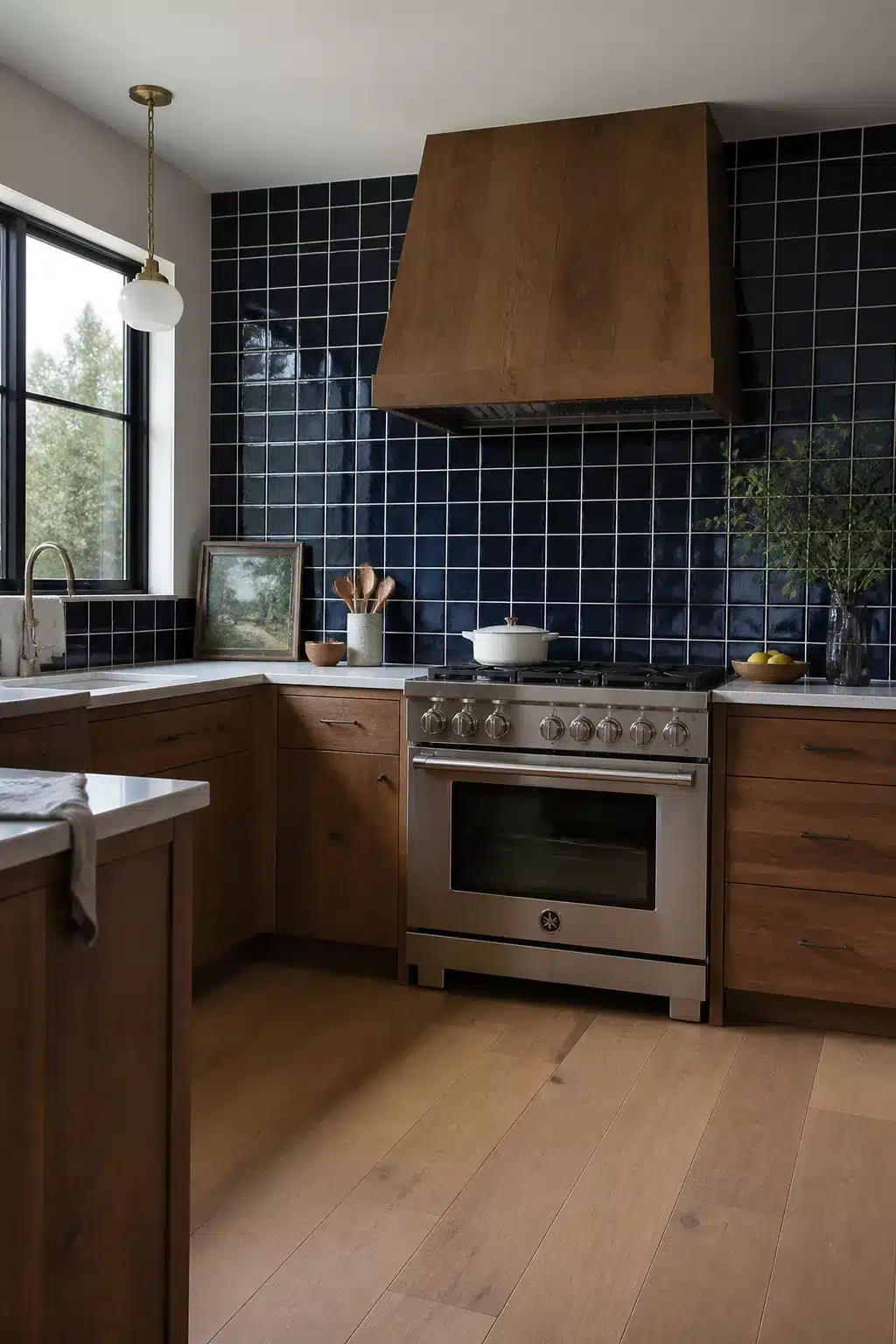 Square navy kitchen backsplash tiles with white grout contrast, walnut cabinets, and stainless range — navy kitchen backsplashes