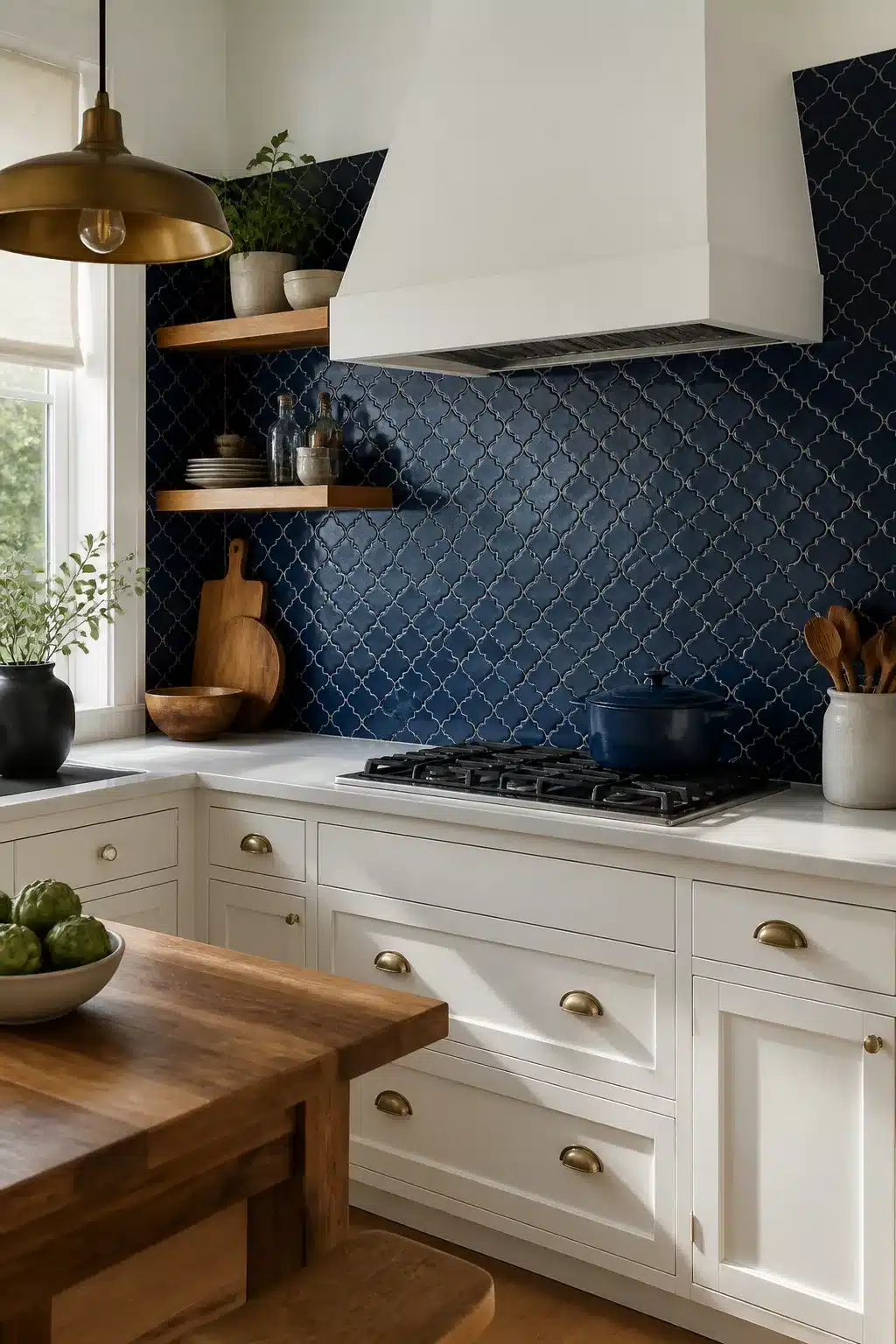 Navy arabesque tile kitchen backsplash with white shaker cabinets and brass hardware — navy kitchen backsplashes