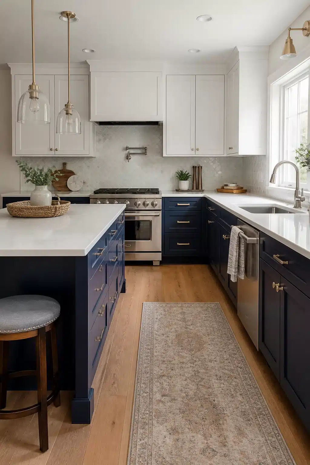 Navy kitchen cabinet color combo with crisp white upper cabinets, brass hardware, and white quartz countertops.