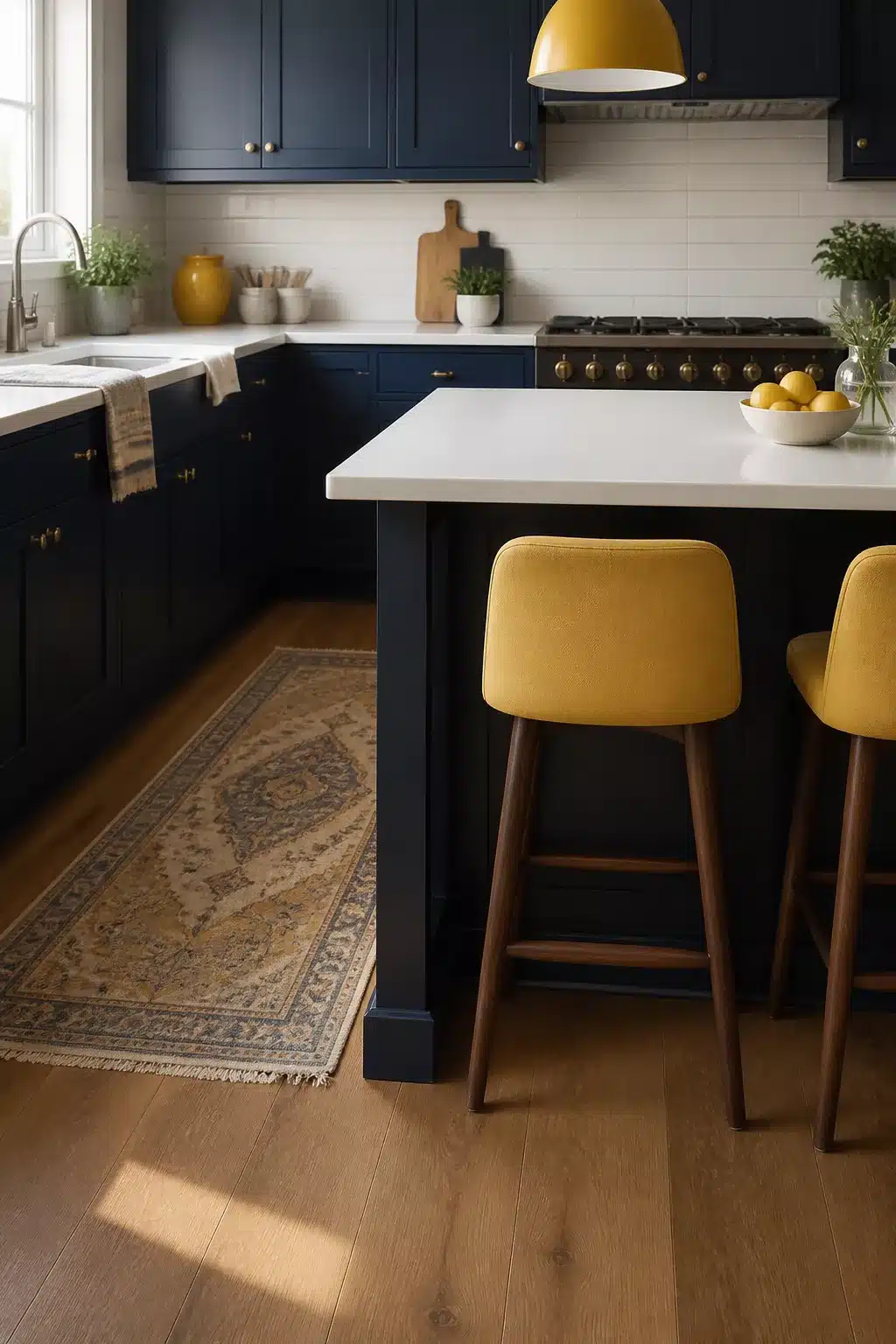 Navy kitchen cabinet color combo with mustard yellow bar stools, pendant light, and vintage runner rug
