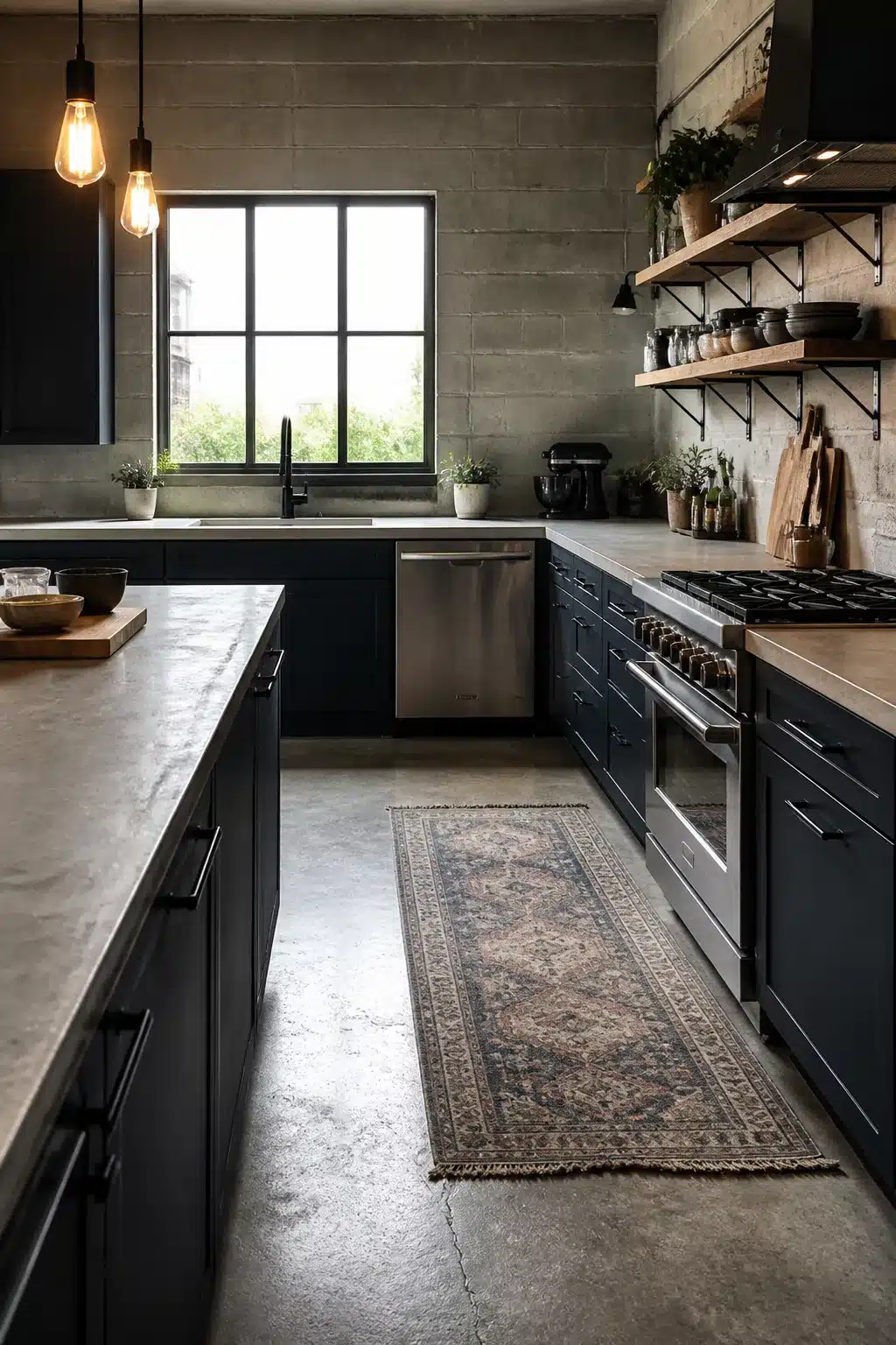 Navy kitchen cabinet color combos with polished concrete countertops and industrial open shelving in a dark moody kitchen