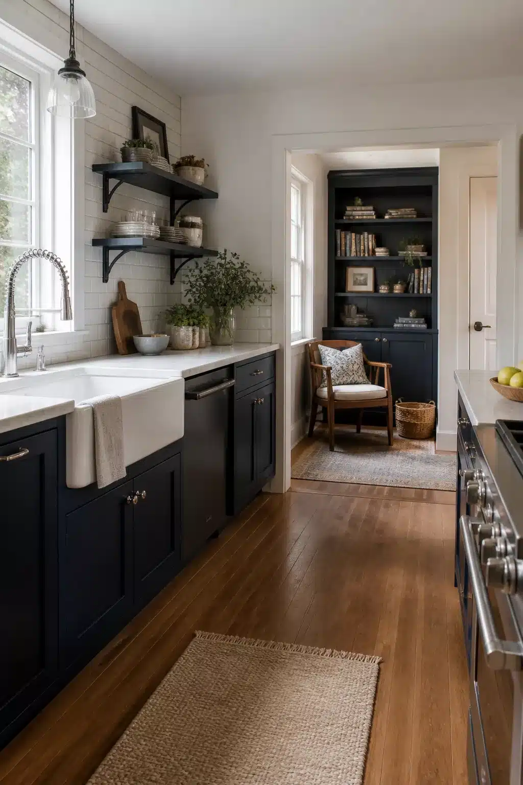 Navy kitchen cabinet color combos with warm white subway tile, farmhouse sink, and open shelving on wood floors