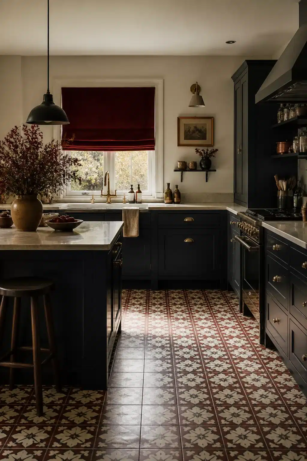 Navy kitchen cabinet color combo with burgundy Roman shade, brass hardware, and patterned tile floor