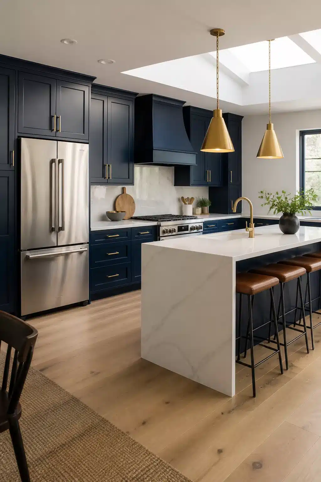 Navy kitchen cabinet color combo with light oak hardwood floors, brass pendants, and white marble island countertop.