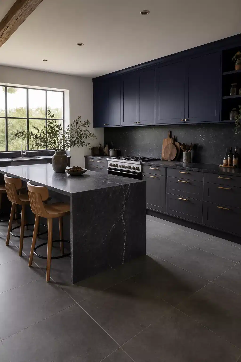 Navy kitchen cabinet color combo with charcoal lower cabinets, dark soapstone island, brass hardware, and cognac bar stools.