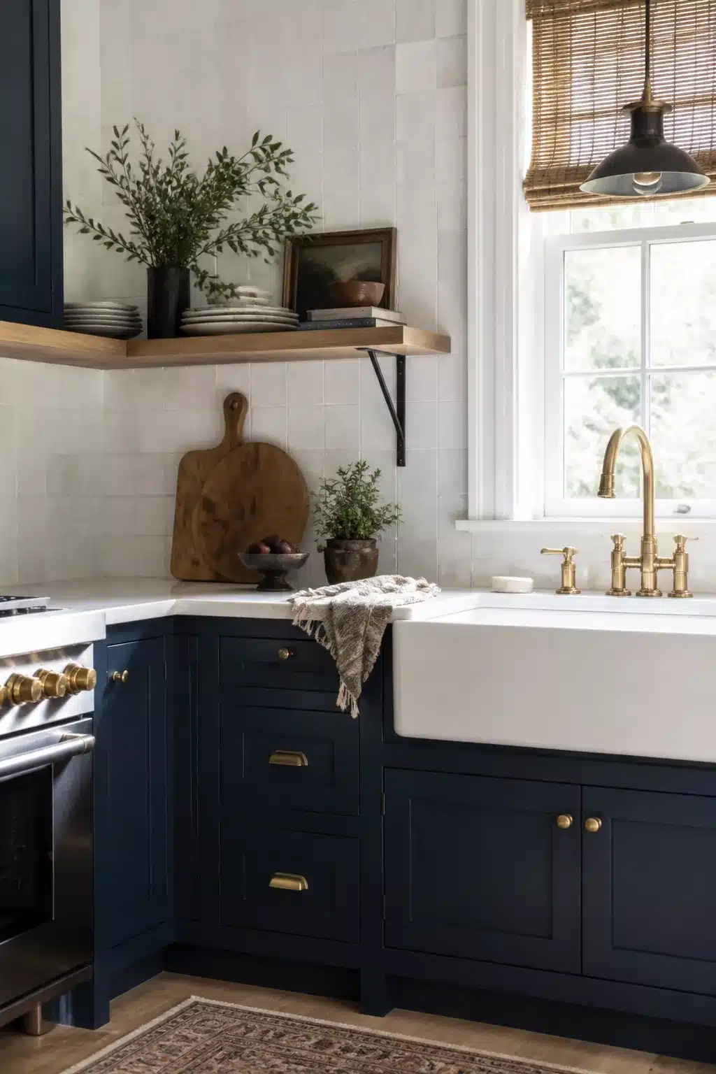 Navy kitchen cabinet color combo with handmade zellige tile backsplash, brass hardware, and apron sink
