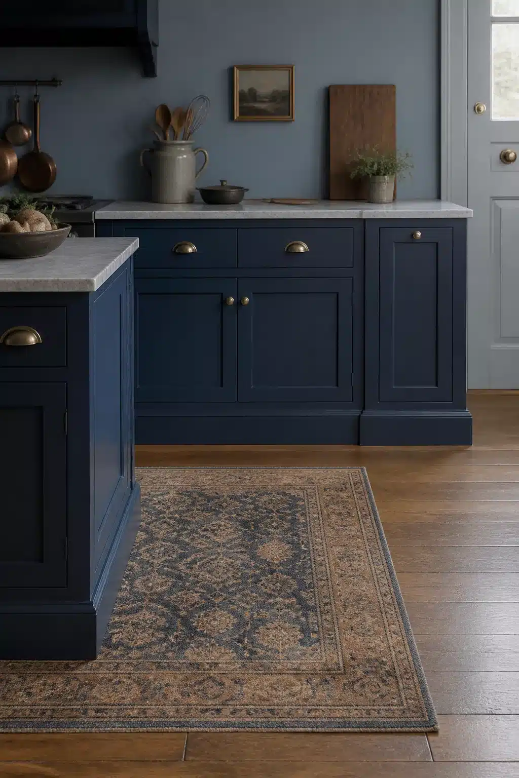 Navy kitchen cabinet color combo with dusty blue-gray walls, brass hardware, marble counters, and a vintage area rug.