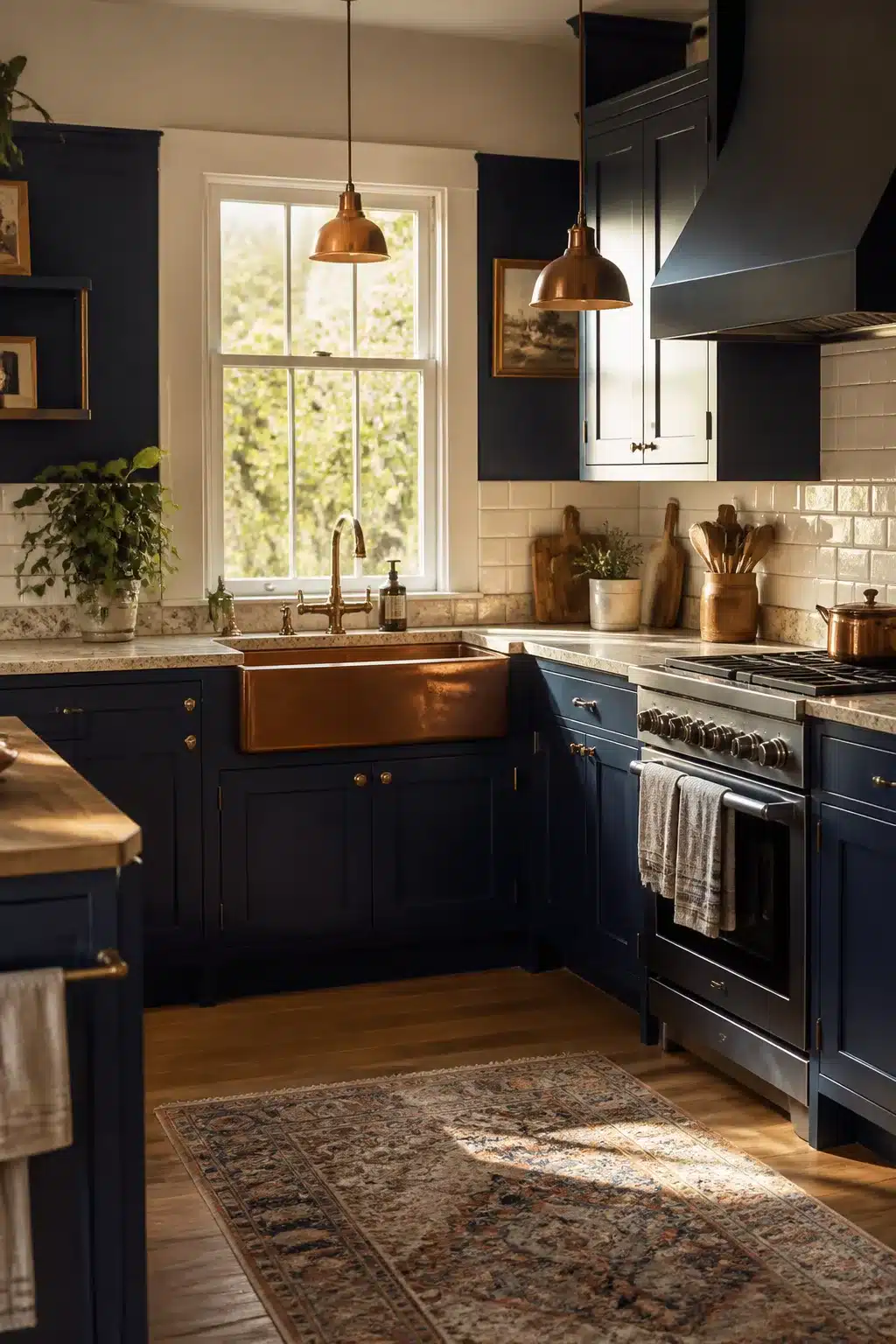 Navy kitchen cabinet color combos featuring a copper farmhouse sink, pendant lights, and warm subway tile backsplash.