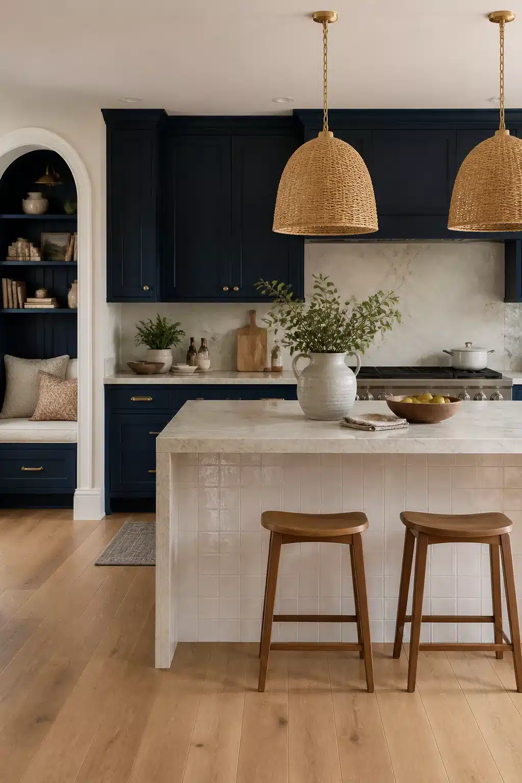 Navy kitchen cabinet color combos with cream zellige island tile, rattan pendants, and brass hardware
