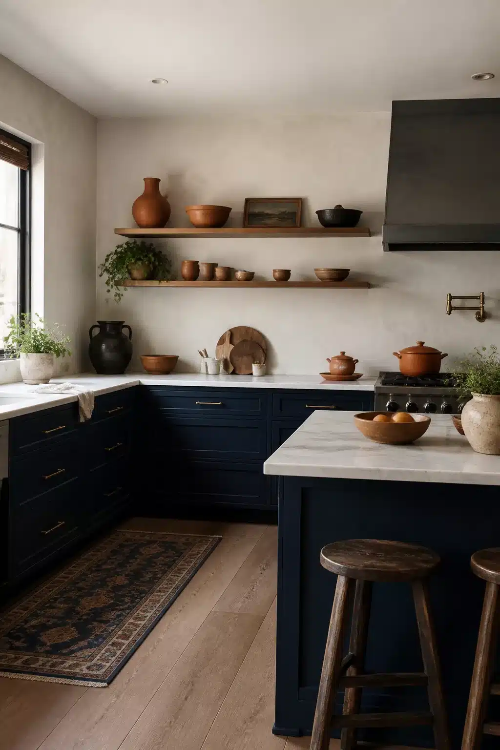 Navy kitchen cabinet color combo with limewash plaster walls, marble countertops, and open wood shelves