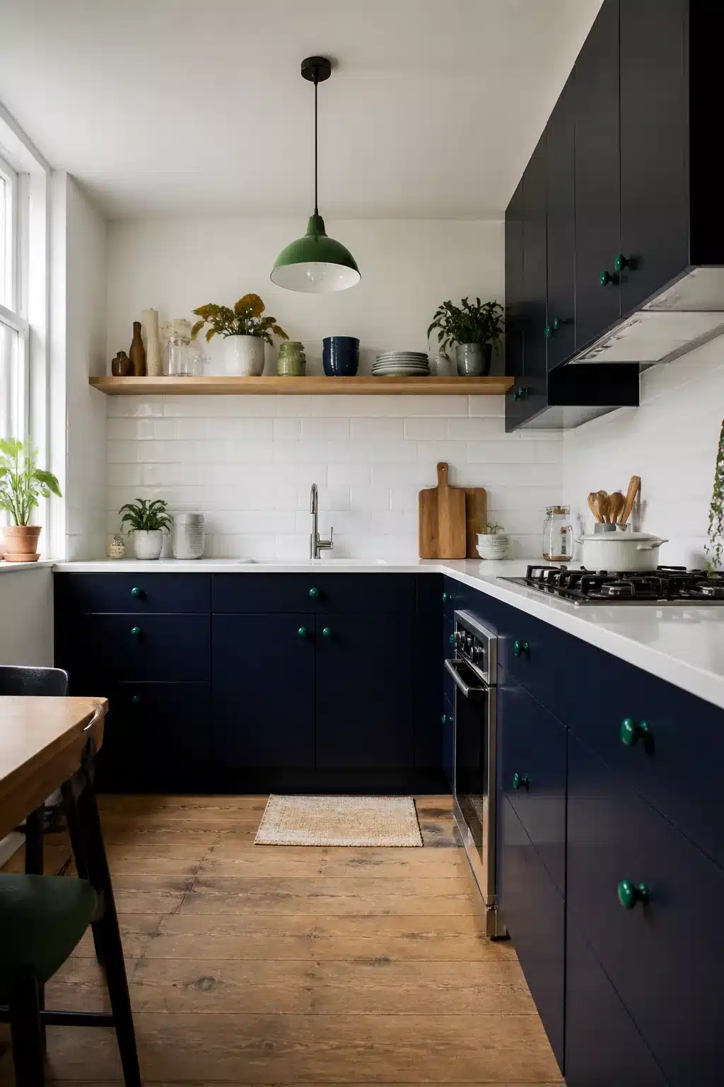 Navy kitchen cabinet color combos with kelly green ceramic knobs and matching pendant light in a compact kitchen