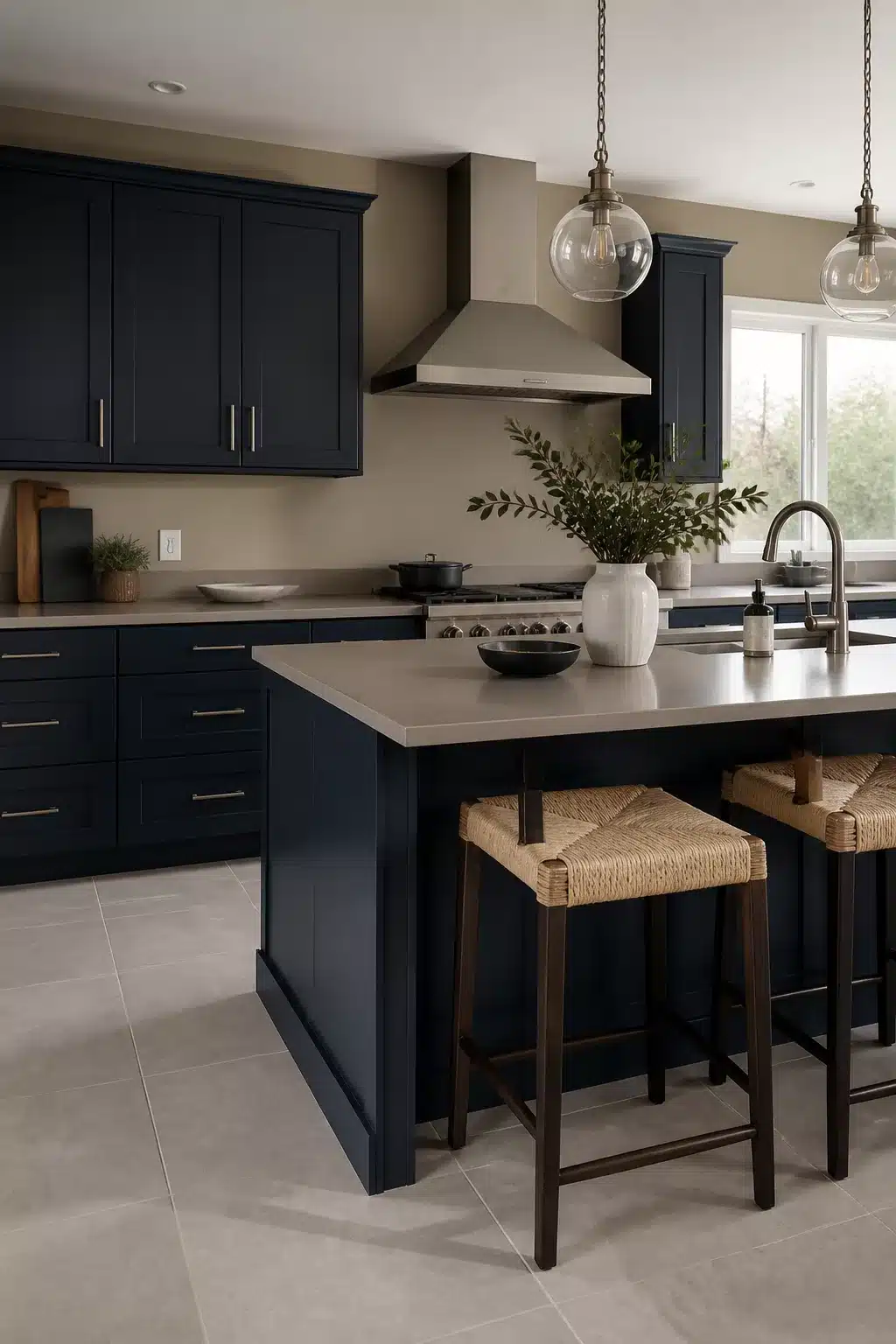 Navy kitchen cabinet color combo with greige quartz countertops, woven stools, and globe pendant lights.