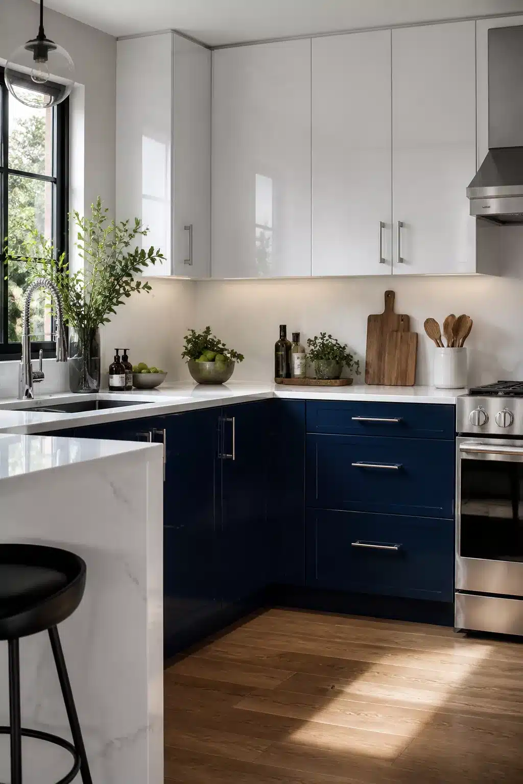 Navy kitchen cabinet color combo with high-gloss white lacquer uppers, marble countertops, and wood floors