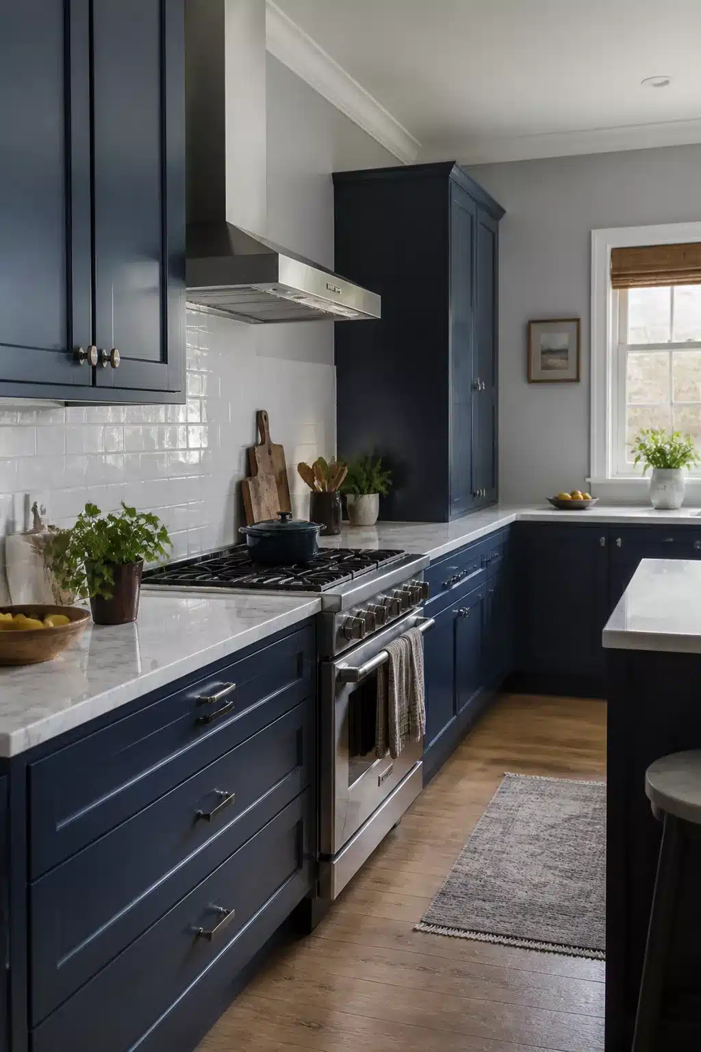 Navy kitchen cabinet color combos with pale gray walls, white marble countertops, and subway tile backsplash.