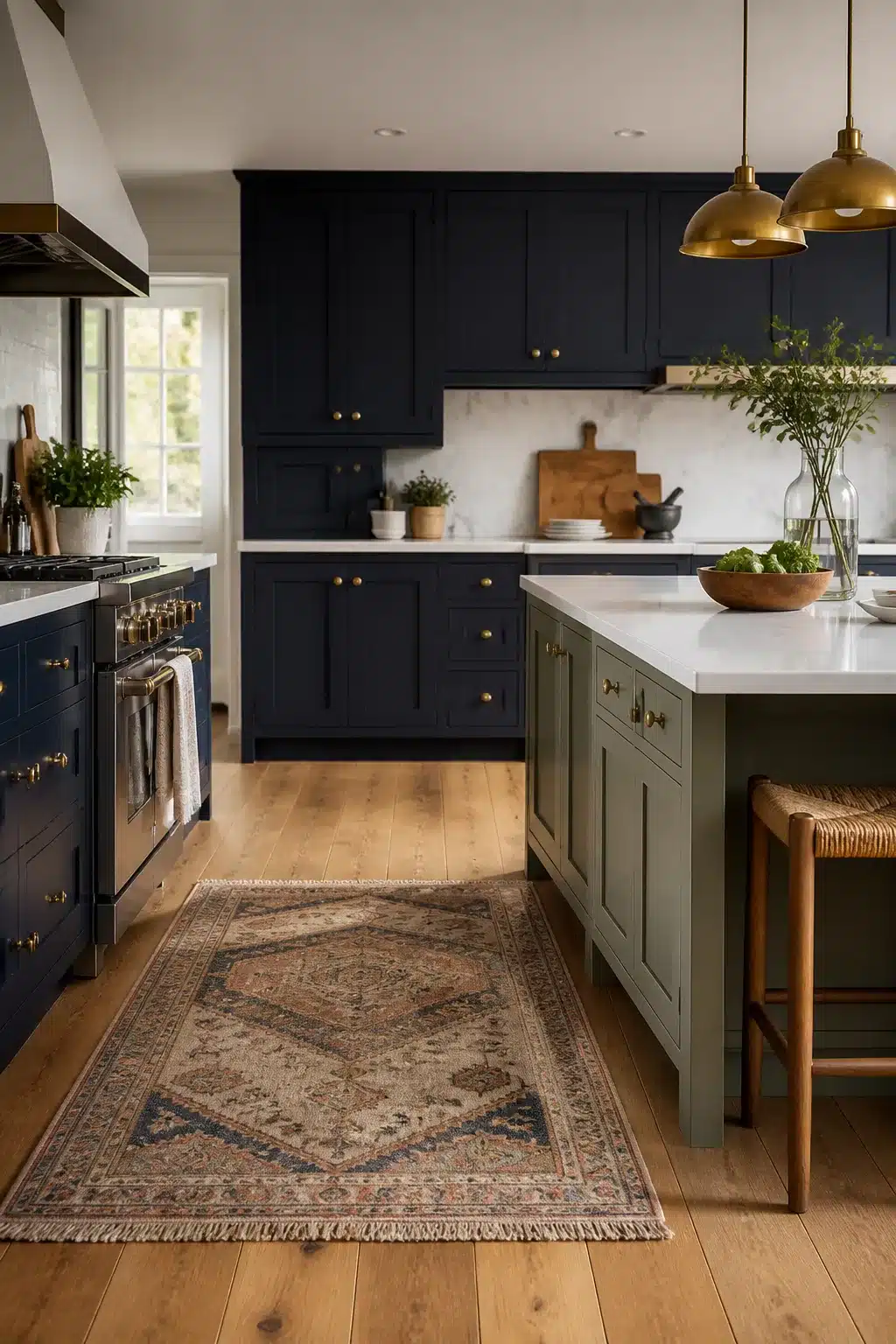 Navy kitchen cabinet color combo with sage green island, brass hardware, and white marble countertops on light oak floors.