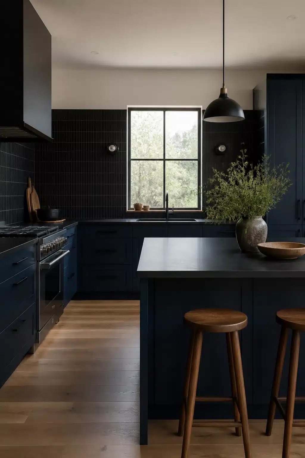 Navy kitchen cabinet color combo with matte black countertops, stacked tile backsplash, and warm walnut bar stools.