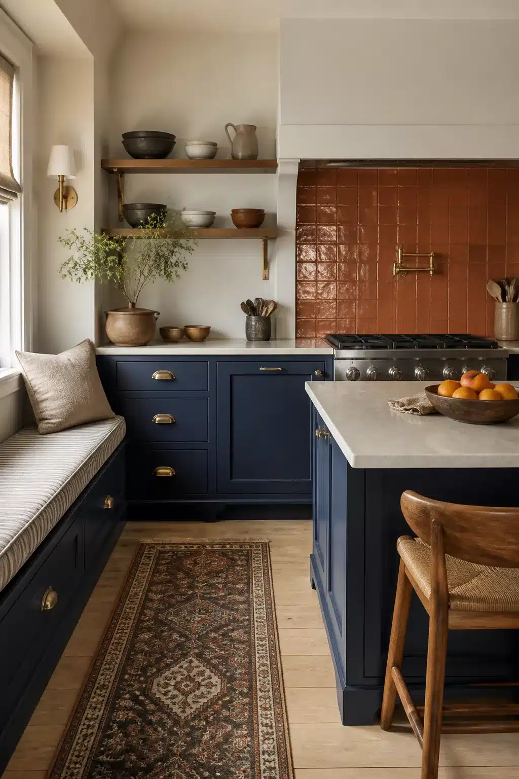 Navy kitchen cabinet color combo with terracotta square tile backsplash, brass hardware, and pale stone countertops