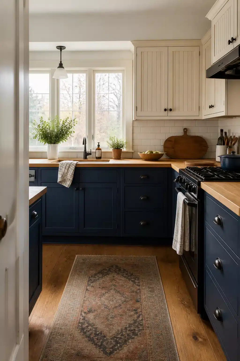 Navy kitchen cabinet color combos with creamy off-white uppers, butcher block countertops, and matte black hardware